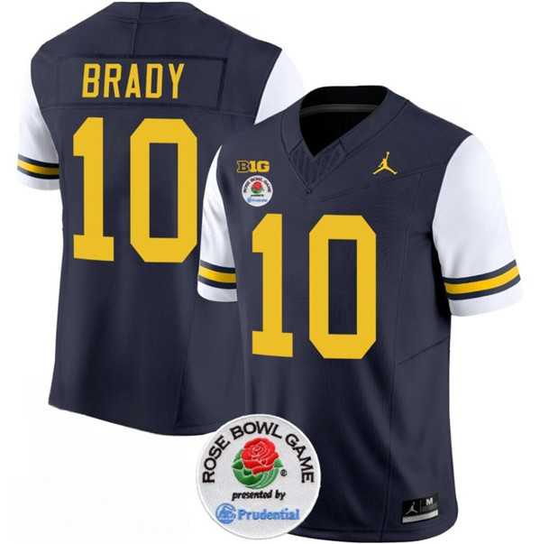 Mens Michigan Wolverines #10 Tom Brady 2023 F.U.S.E. Navy White Rose Bowl Patch Stitched Jersey Dzhi->->NCAA Jersey